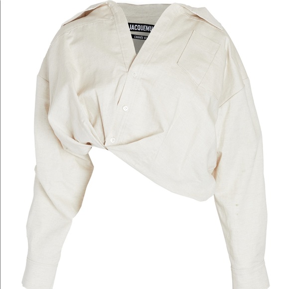 Jacquemus Mejean Cropped Twisted Cotton and Linen-Blend Shirt Neutrals FR40 - Picture 4 of 14